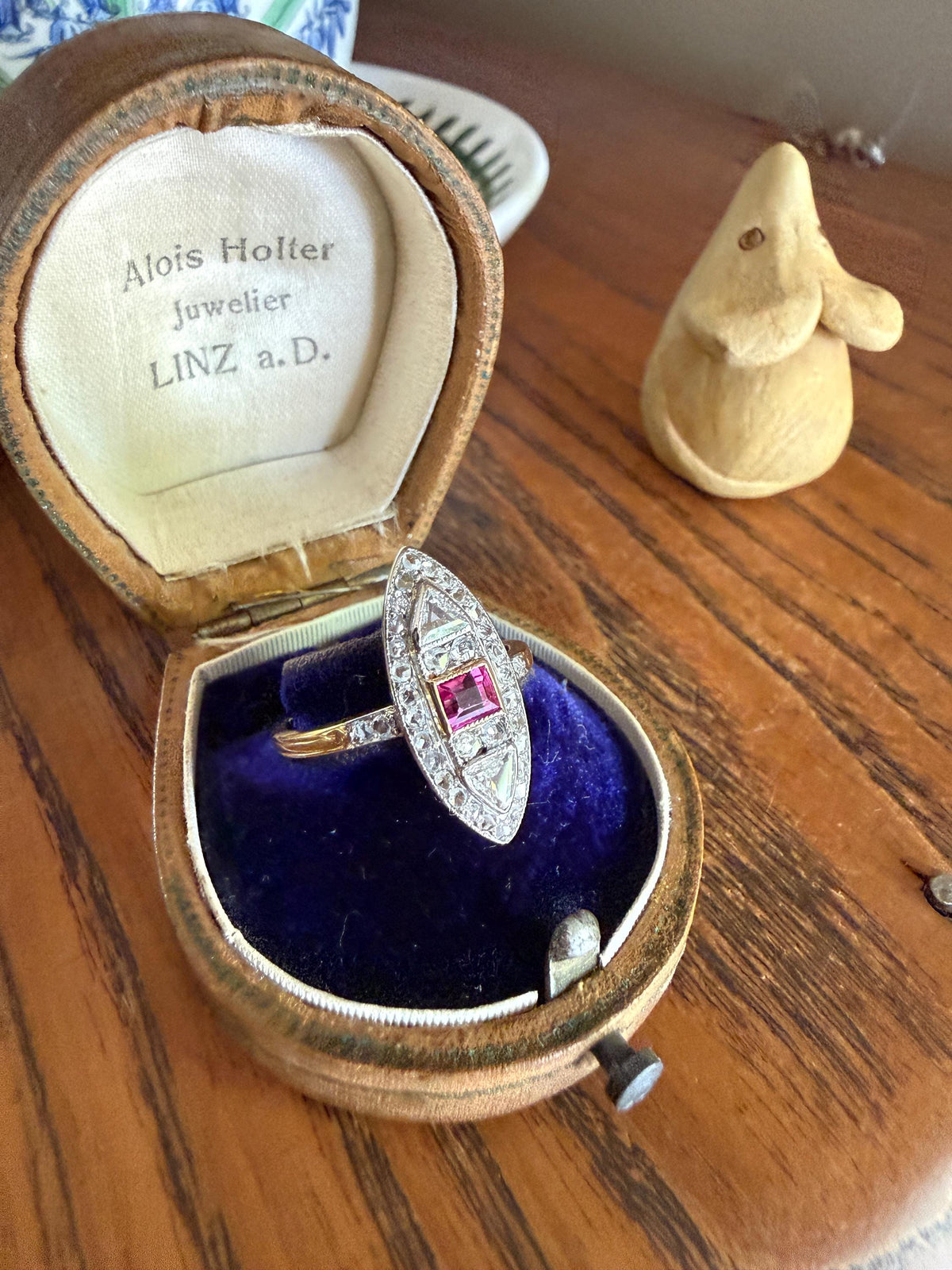 Unique French Antique 1.1 Carat Tdw TRIANGLE Old Cut Diamond Ruby and Rose Cut Navette Ring 18k Gold Triangular Trillion