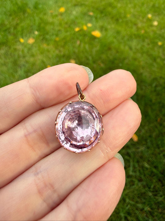 PINK Perfection Georgian Era ANTIQUE Old Cut Natural Pink Topaz Foiled Pendant 10k Gold Victorian Minimalist Glowing Pastel Collet Set