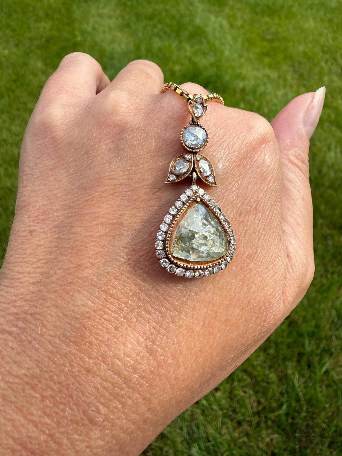 PEAR Triangular Antique XL Natural Old Dutch Rose Cut DIAMOND 3.5 Carat Chubby Pendant 14k Gold Xx Carat Retro Vintage 18k Venetian Chain