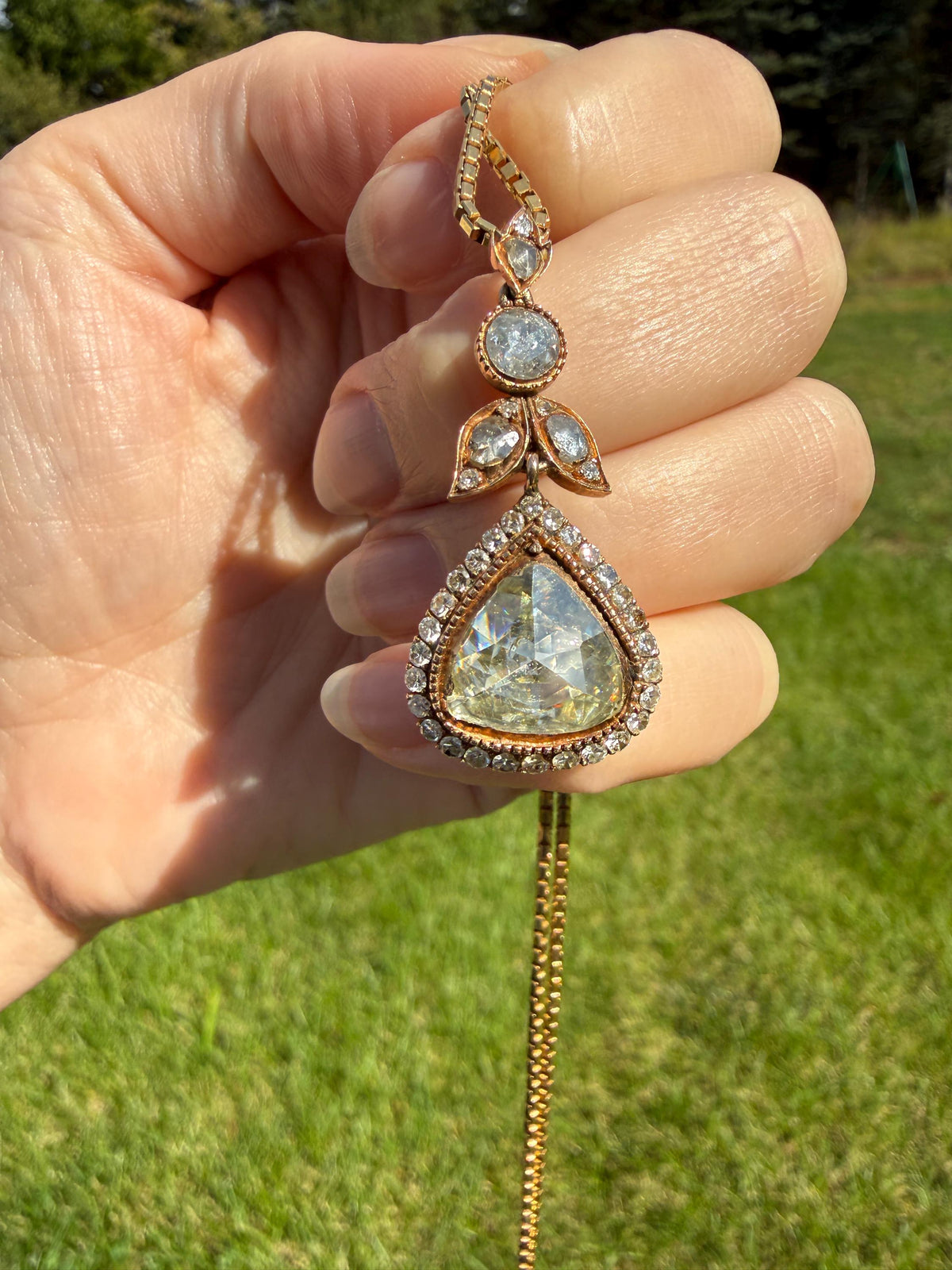 PEAR Triangular Antique XL Natural Old Dutch Rose Cut DIAMOND 3.5 Carat Chubby Pendant 14k Gold Xx Carat Retro Vintage 18k Venetian Chain