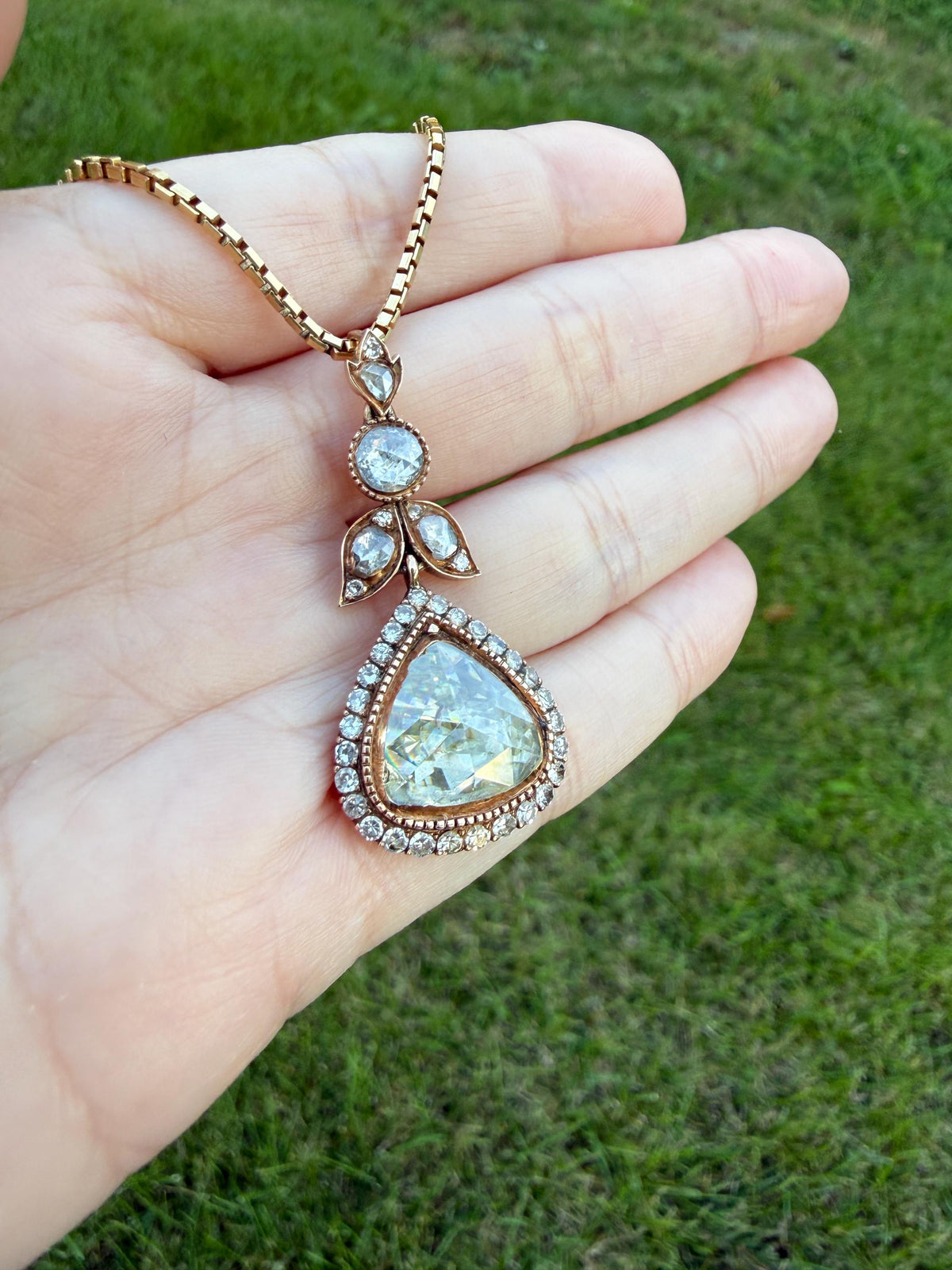 PEAR Triangular Antique XL Natural Old Dutch Rose Cut DIAMOND 3.5 Carat Chubby Pendant 14k Gold Xx Carat Retro Vintage 18k Venetian Chain