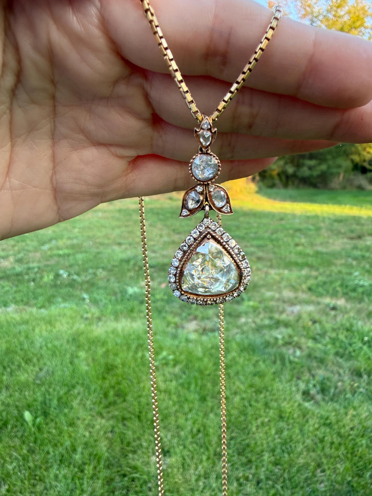 PEAR Triangular Antique XL Natural Old Dutch Rose Cut DIAMOND 3.5 Carat Chubby Pendant 14k Gold Xx Carat Retro Vintage 18k Venetian Chain