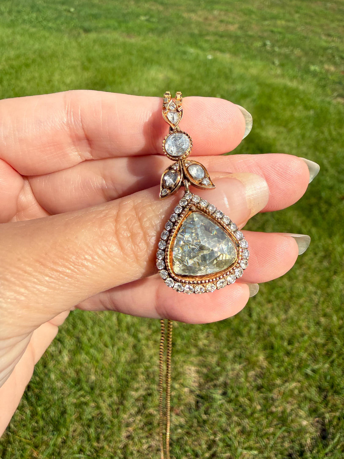 PEAR Triangular Antique XL Natural Old Dutch Rose Cut DIAMOND 3.5 Carat Chubby Pendant 14k Gold Xx Carat Retro Vintage 18k Venetian Chain