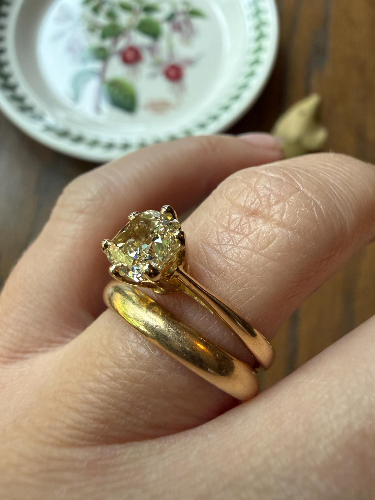 Fancy Brownish Yellow Eye Clean 1.52 Carat Cushion Cut DIAMOND Ring w/ CERT. French Vintage Solitaire 18k Gold Engagement Paris Find