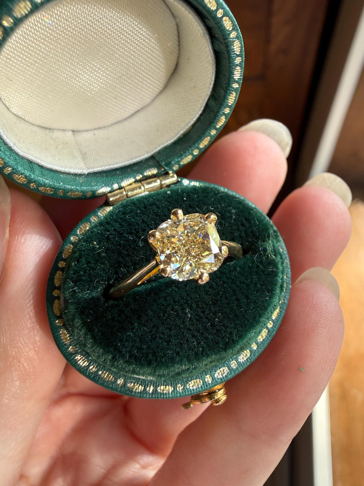 Fancy Brownish Yellow Eye Clean 1.52 Carat Cushion Cut DIAMOND Ring w/ CERT. French Vintage Solitaire 18k Gold Engagement Paris Find