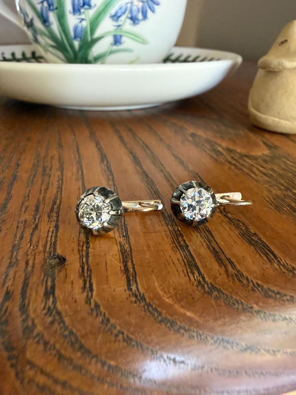 Original Antique Two Carats Tdw Natural Old Mine Cut Diamond Earrings 14k Gold Silver Collets Victorian Dangle Dormeuse Gift 2Ctw