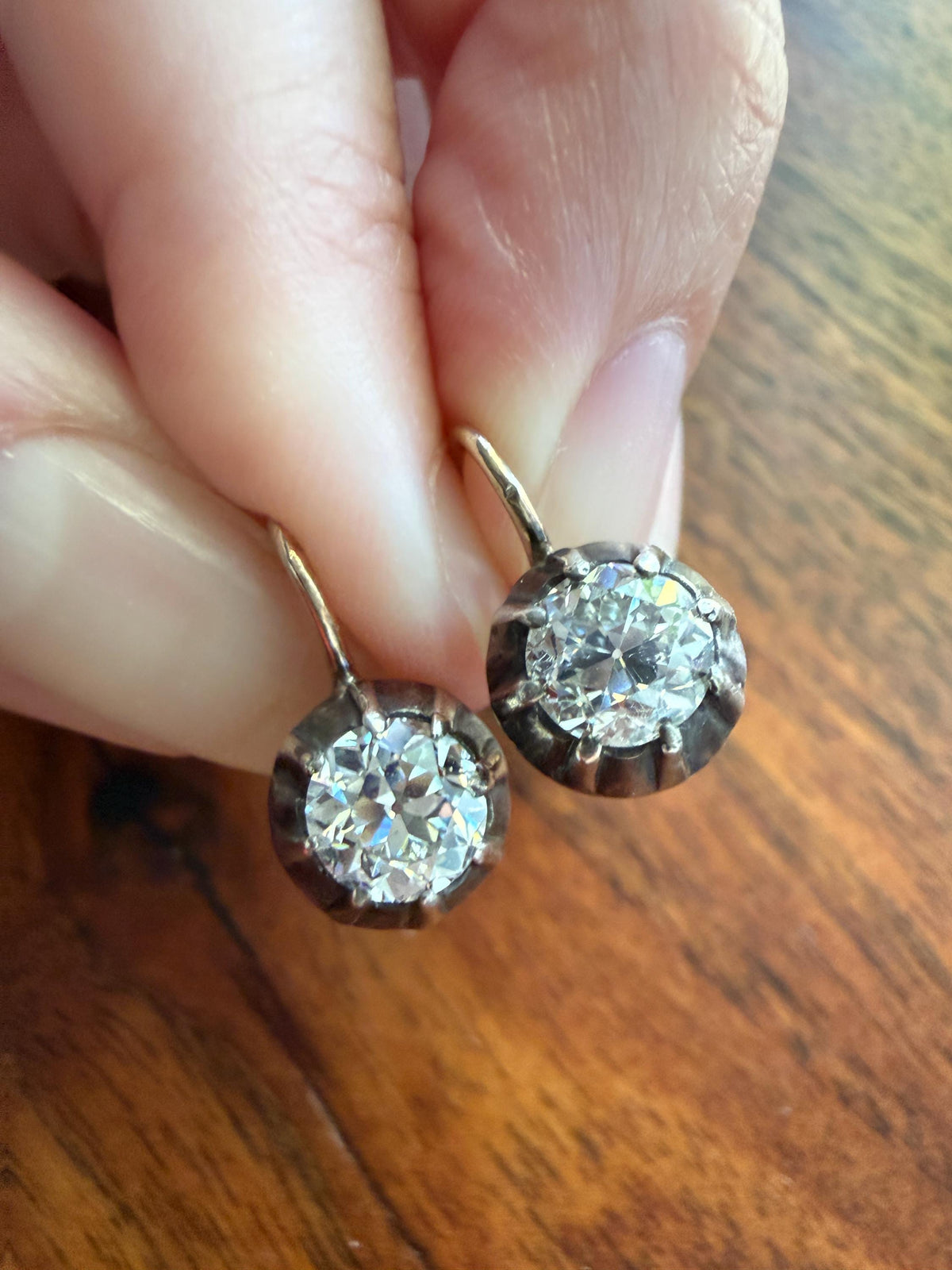 Original Antique Two Carats Tdw Natural Old Mine Cut Diamond Earrings 14k Gold Silver Collets Victorian Dangle Dormeuse Gift 2Ctw