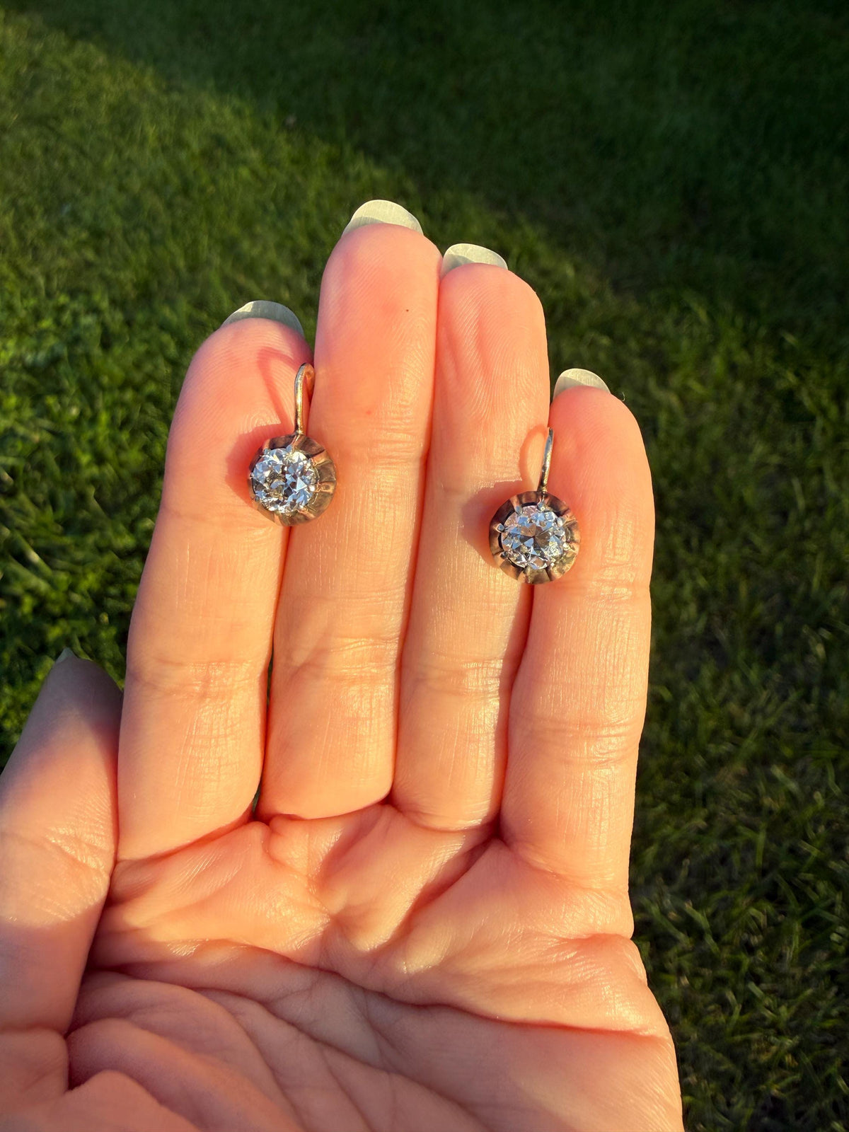 Original Antique Two Carats Tdw Natural Old Mine Cut Diamond Earrings 14k Gold Silver Collets Victorian Dangle Dormeuse Gift 2Ctw