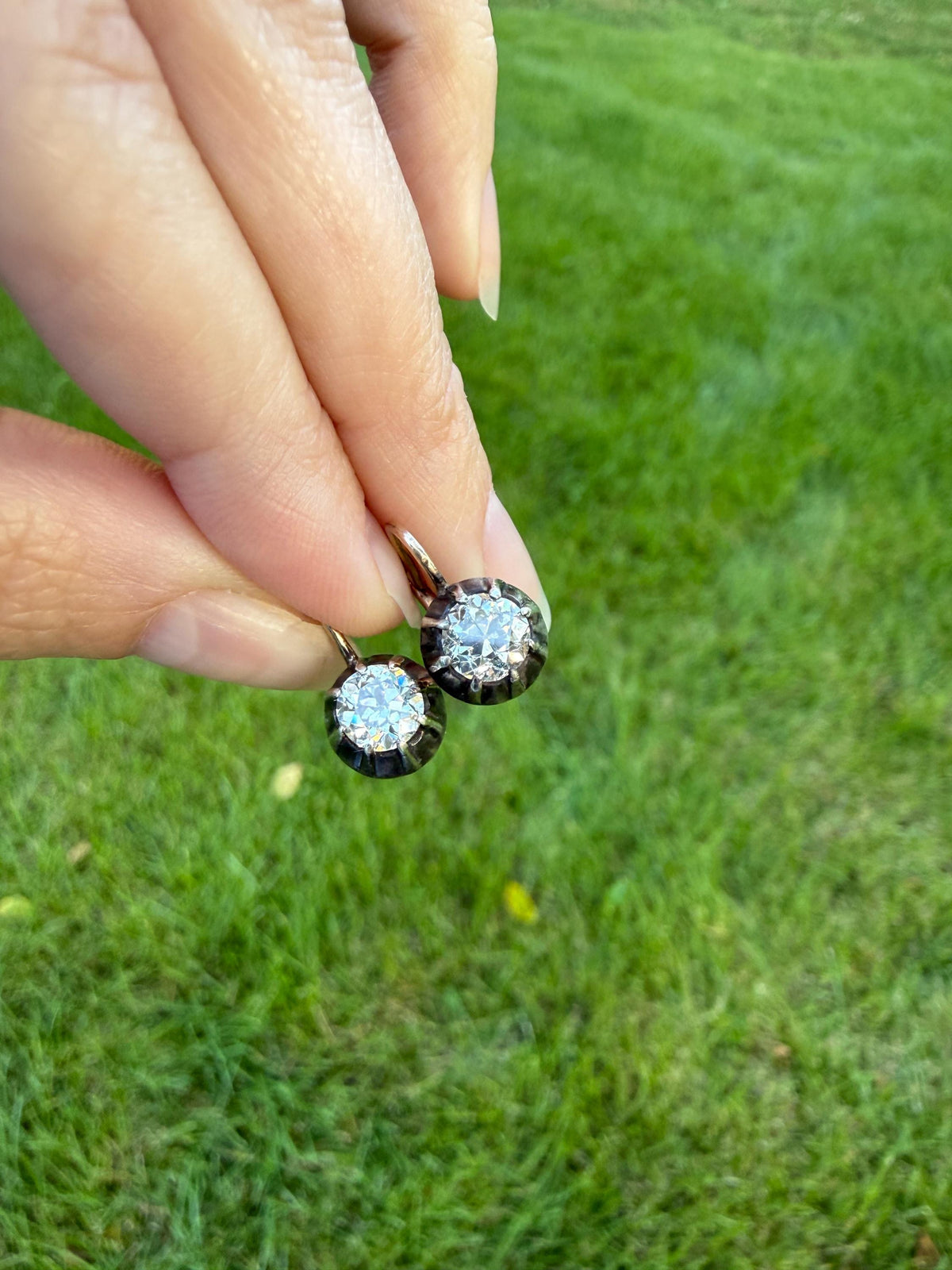 Original Antique Two Carats Tdw Natural Old Mine Cut Diamond Earrings 14k Gold Silver Collets Victorian Dangle Dormeuse Gift 2Ctw