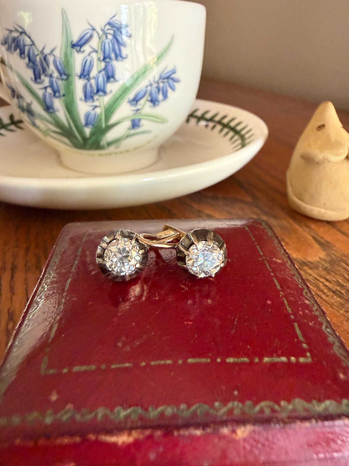 Original Antique Two Carats Tdw Natural Old Mine Cut Diamond Earrings 14k Gold Silver Collets Victorian Dangle Dormeuse Gift 2Ctw