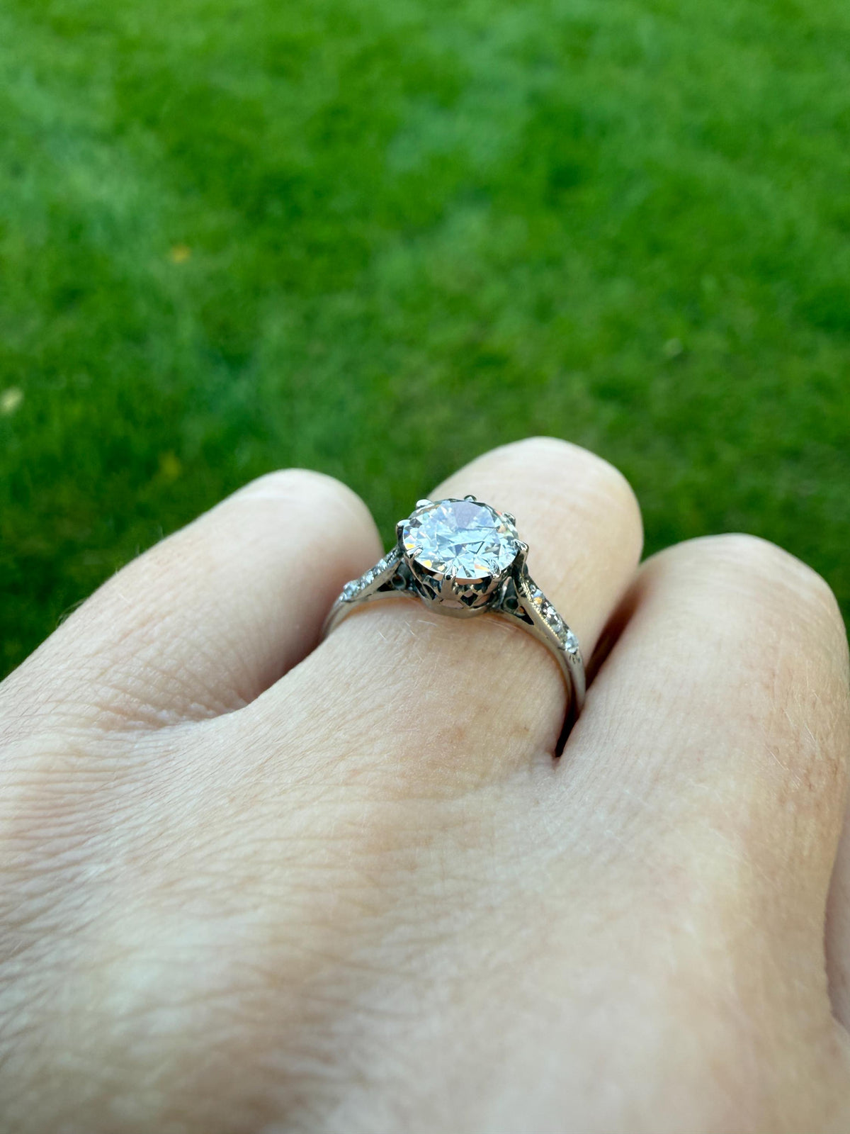 Antique Art Deco One Carat + Natural Old European Cut DIAMOND Solitaire Engagement Ring Old Mine Stacker 18k White Gold Wedding