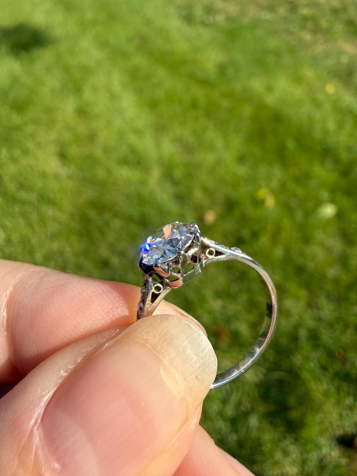 Antique Art Deco One Carat + Natural Old European Cut DIAMOND Solitaire Engagement Ring Old Mine Stacker 18k White Gold Wedding