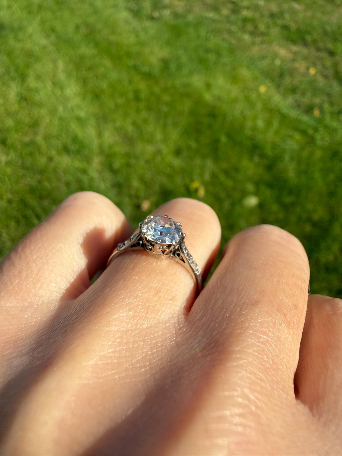 Antique Art Deco One Carat + Natural Old European Cut DIAMOND Solitaire Engagement Ring Old Mine Stacker 18k White Gold Wedding