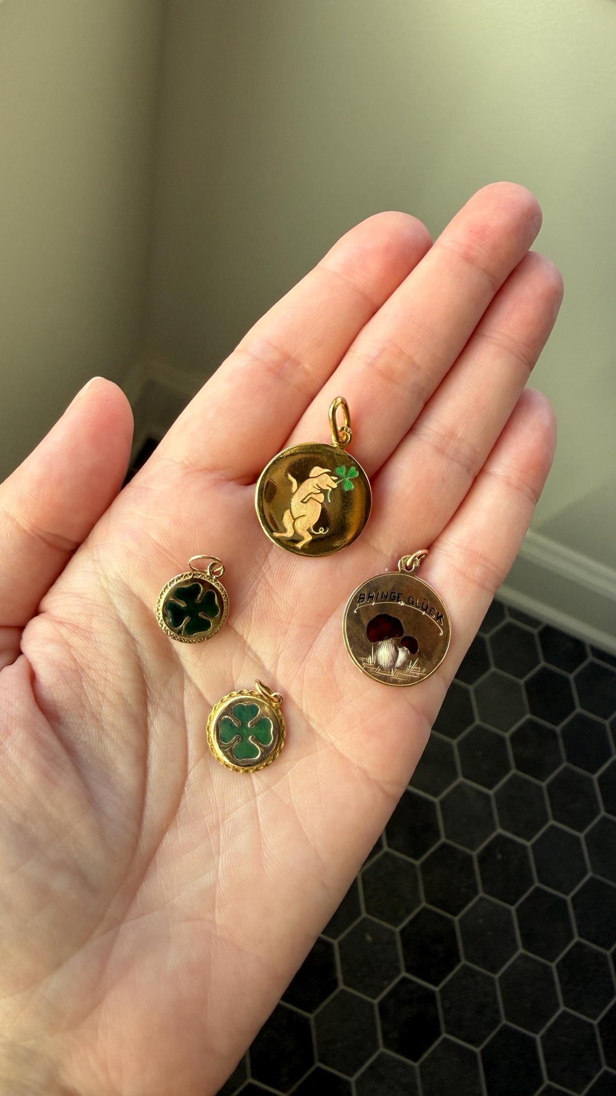 Antique Lucky Clover 14k Gold Solid Figural Green Enamel Pendant Charm Jugendstil Medallion Figural Good Luck Talisman #1