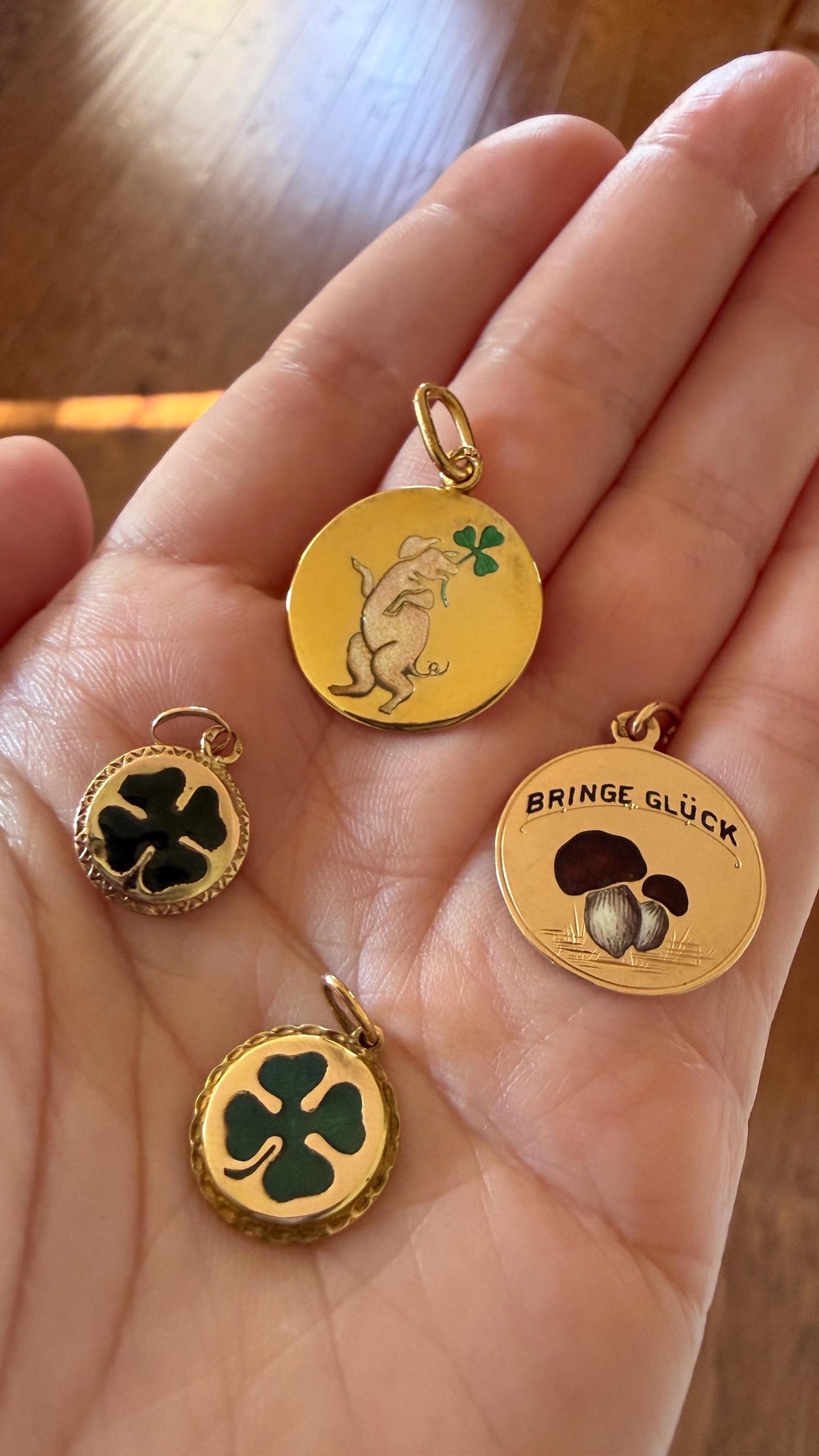 Antique Lucky Clover 14k Gold Solid Figural Green Enamel Pendant Charm Jugendstil Medallion Figural Good Luck Talisman #1