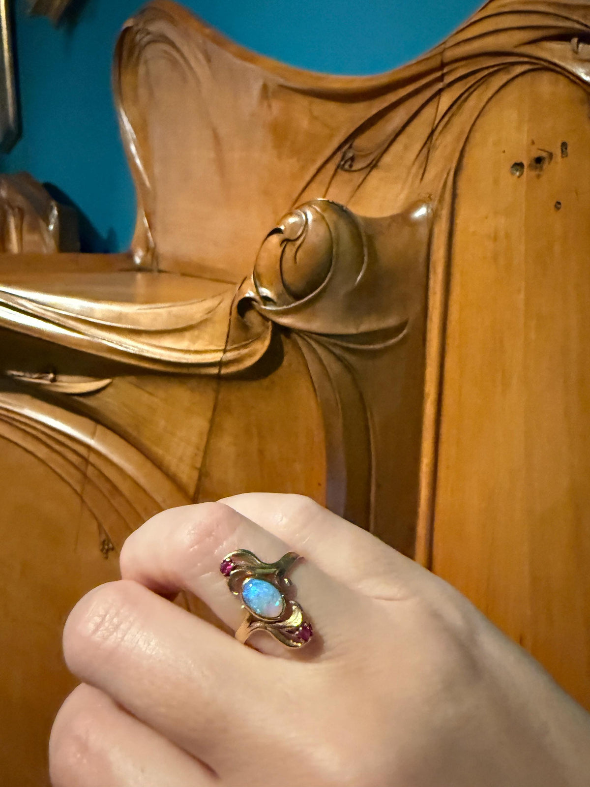 Art Nouveau SWIRL Glossy Natural Blue Opal Ruby French Antique Ring 18k Gold Victorian Figural Romantic Gift Belle Epoque