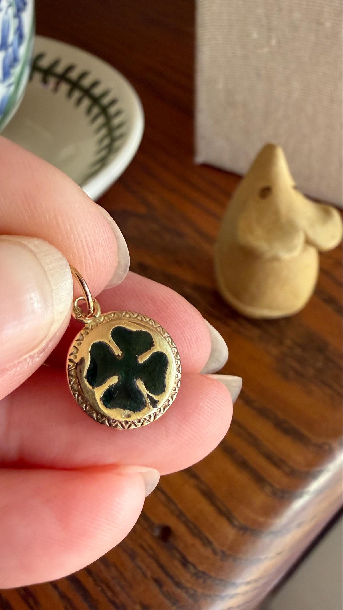 Antique Lucky Clover 14k Gold Solid Figural Green Enamel Pendant Charm Jugendstil Medallion Figural Good Luck Talisman #2