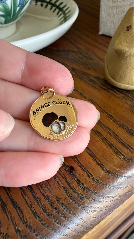 Antique "Bringer of Luck" Bringe Glück MUSHROOM 14k Gold Solid Figural Enamel Pendant Charm Jugendstil Medallion Figural Lucky Talisman
