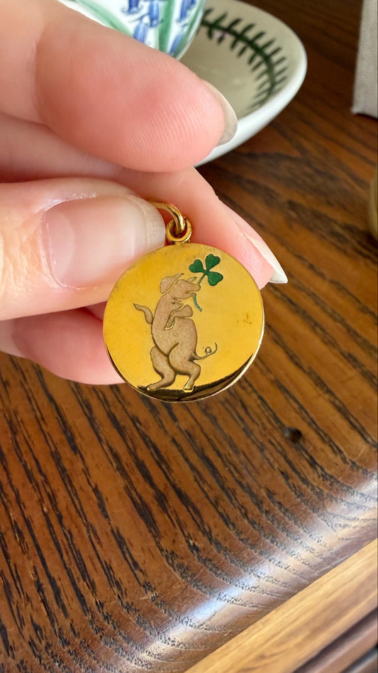 DANCING PIG Lucky Clover Antique Gilt Solid Silver Pendant Charm Jugendstil Good Luck Medallion Figural