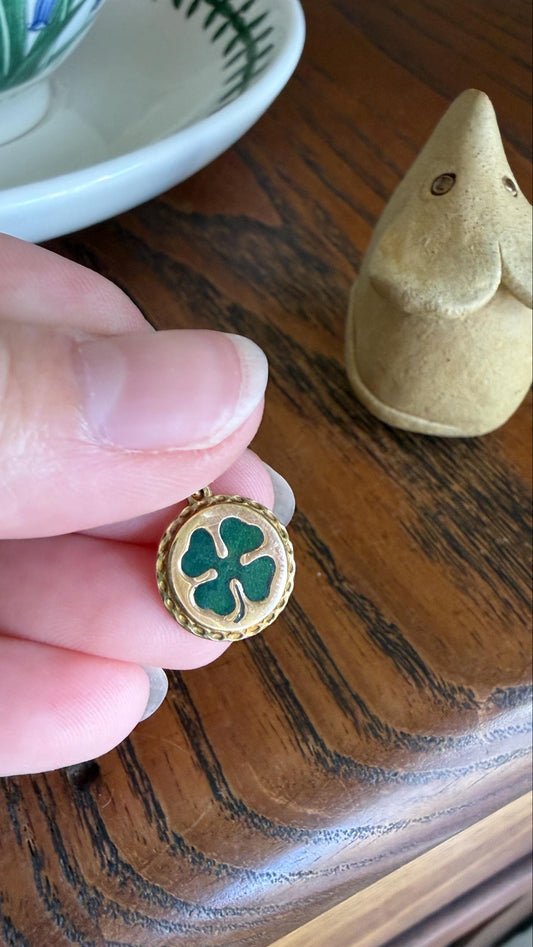 Antique Lucky Clover 14k Gold Solid Figural Green Enamel Pendant Charm Jugendstil Medallion Figural Good Luck Talisman #1