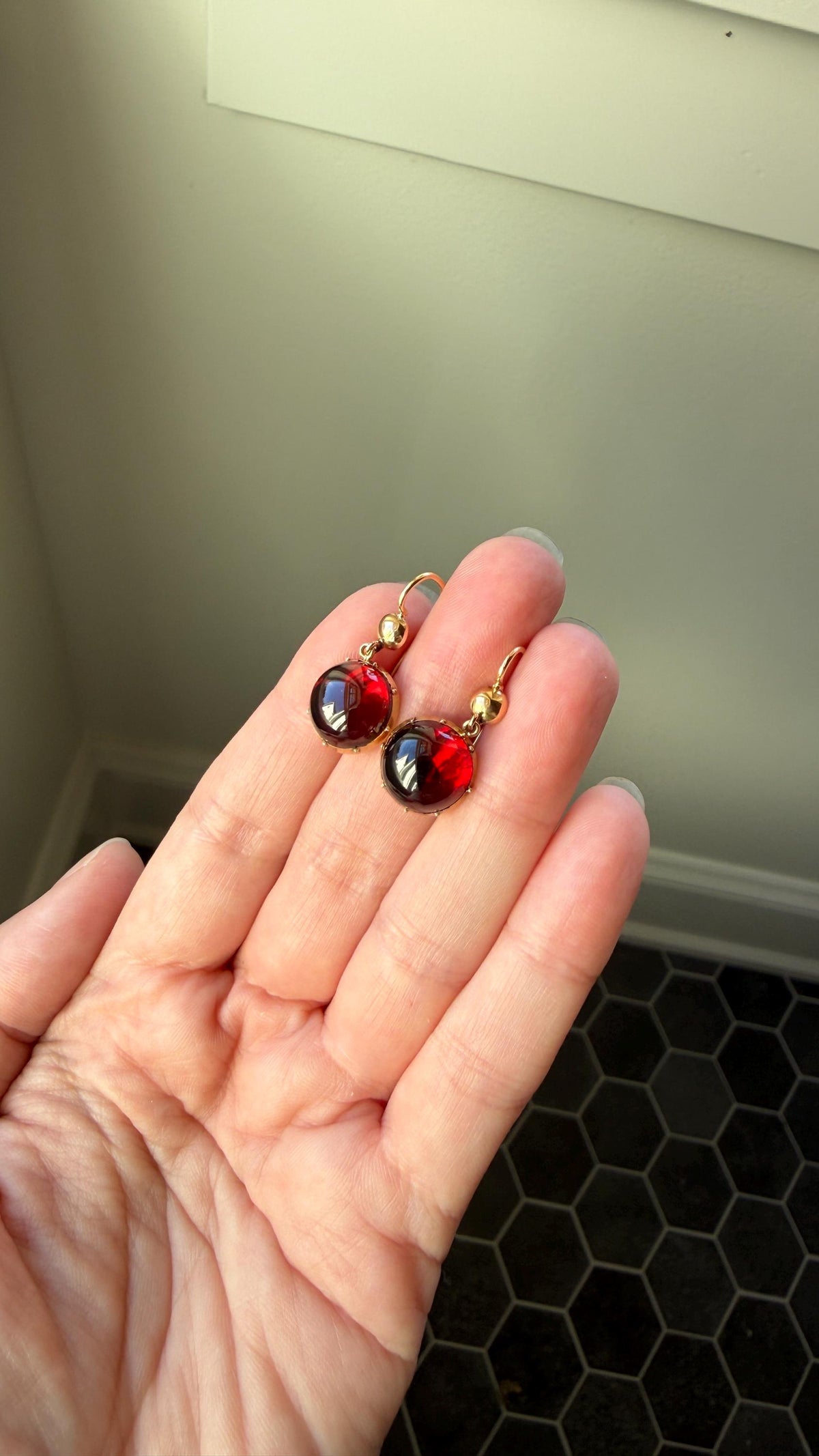 Antique Juicy GARNET Earrings French 18k Gold Collet Set Dangle Glowing Gumdrops Holiday Gift Crimson Berry Red Drops Georgian Victorian