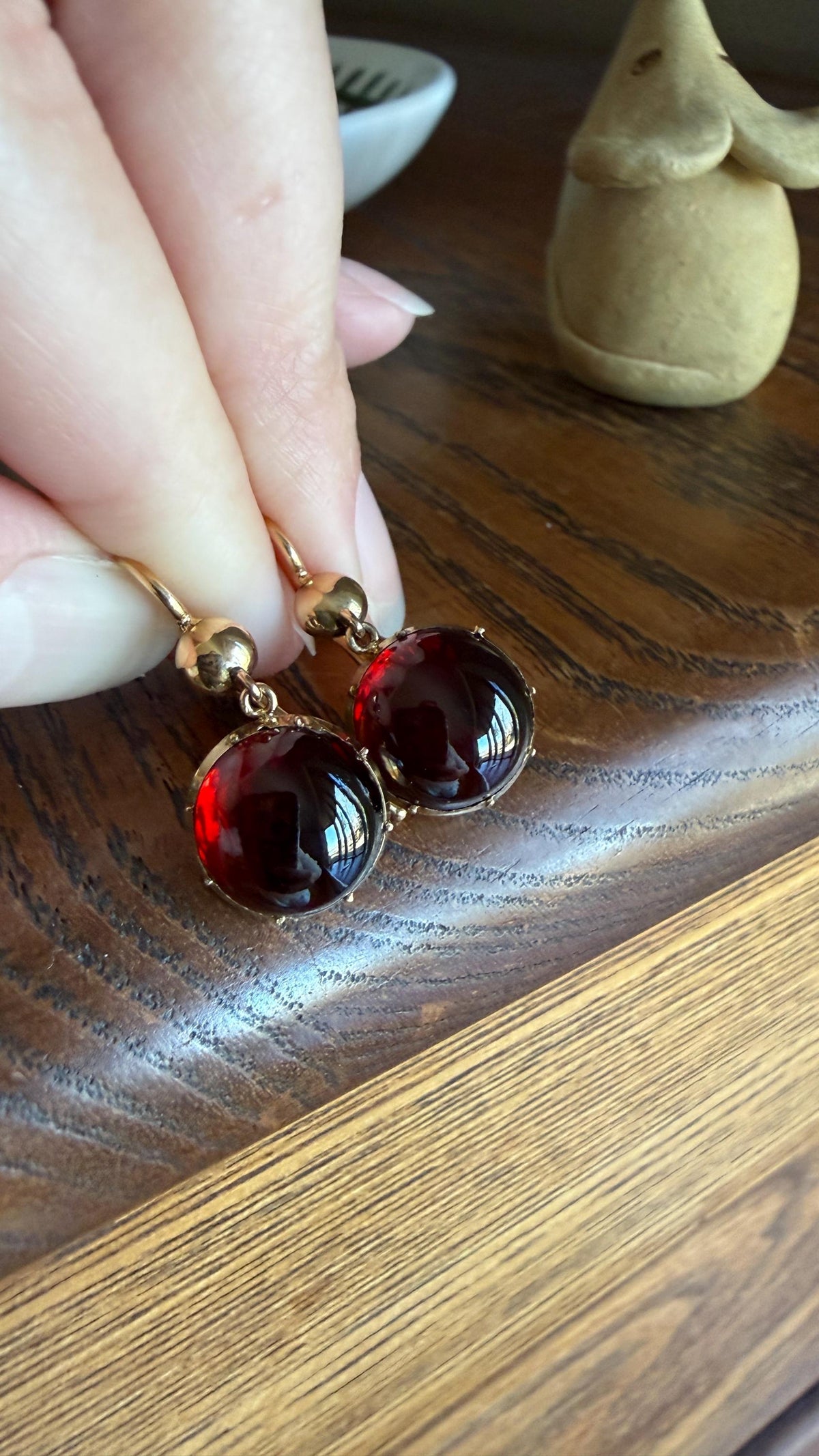 Antique Juicy GARNET Earrings French 18k Gold Collet Set Dangle Glowing Gumdrops Holiday Gift Crimson Berry Red Drops Georgian Victorian