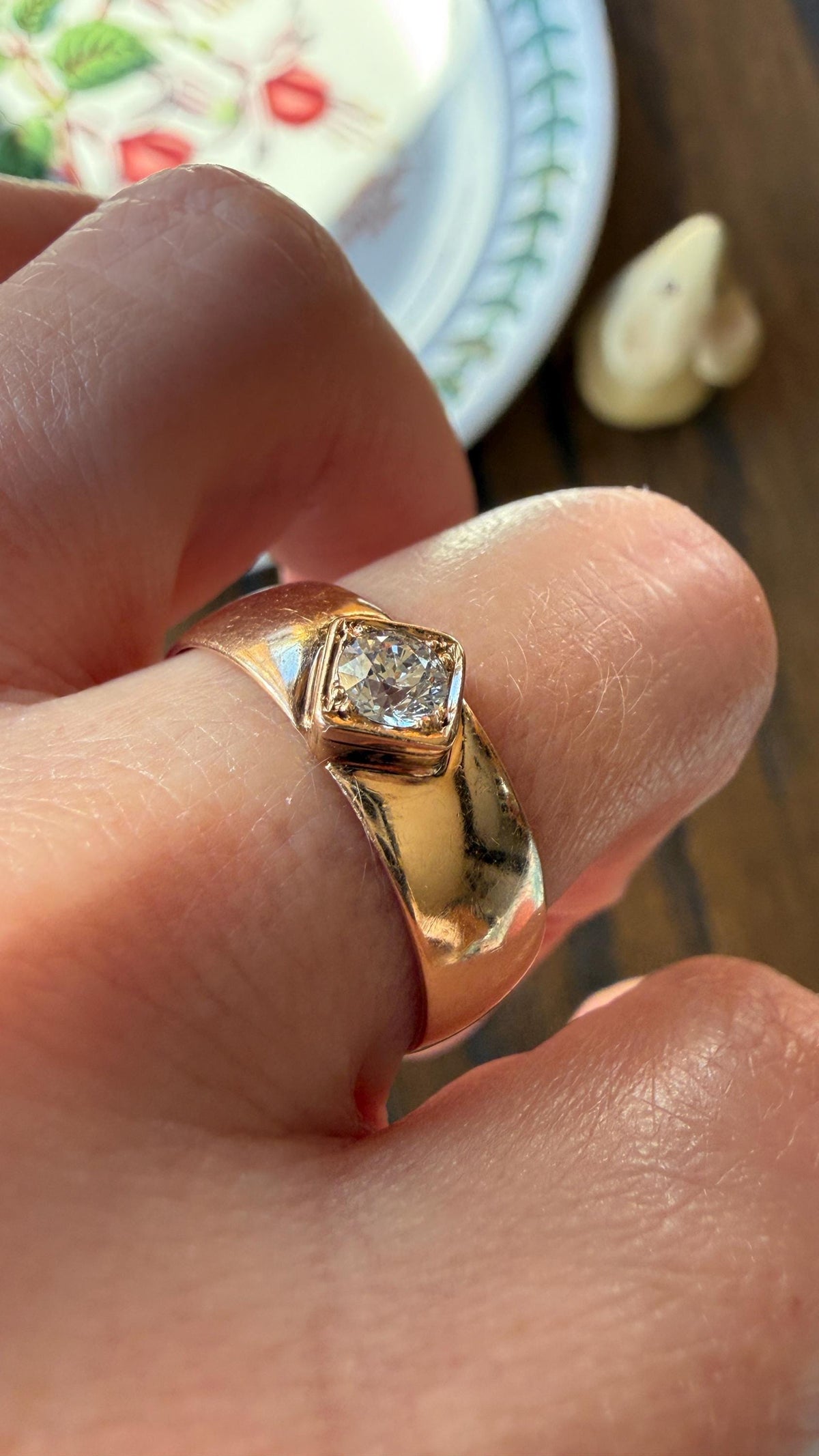 Vintage Eye Clean Natural Old Mine Cut DIAMOND Wide Band Ring 14k Gold Solid Square Bezel Unisex Stacker