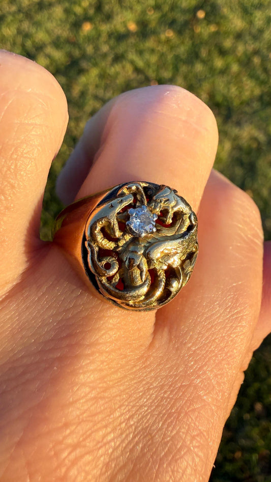 DRAGON vs. SNAKE Antique Natural Old Mine Cut Diamond 10.8g 14k Gold Chunky French Ring Chimera Unisex Victorian Belle Epoque Figural Heavy