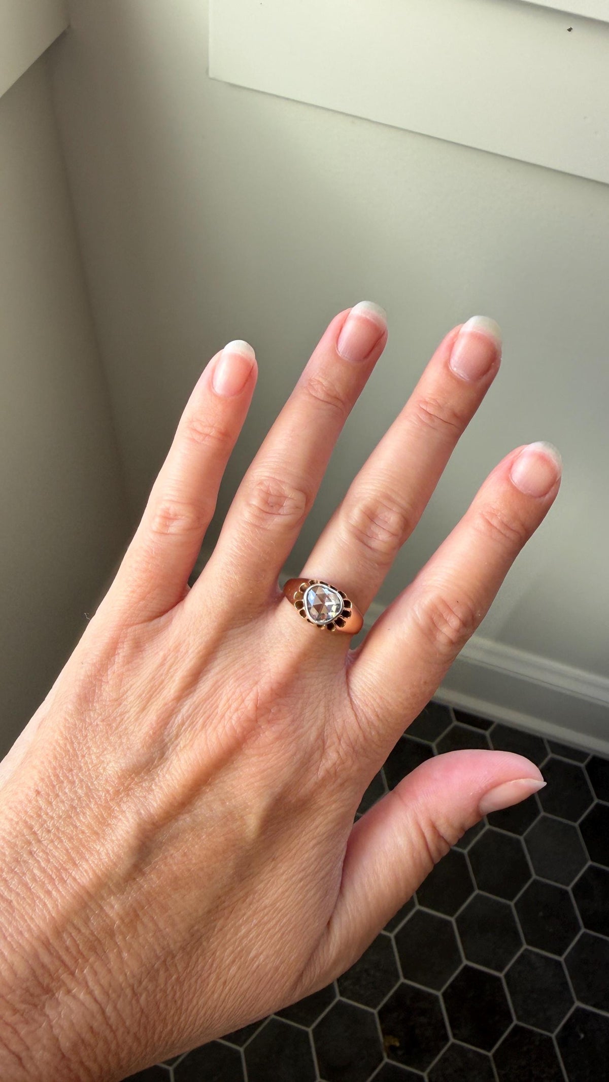 Antique Natural Rose Cut DIAMOND Open Back Ring 18k Gold 1+ Carat Face Up Eye Clean Spready Freeform Triangle Belcher Gypsy Buttercup Band