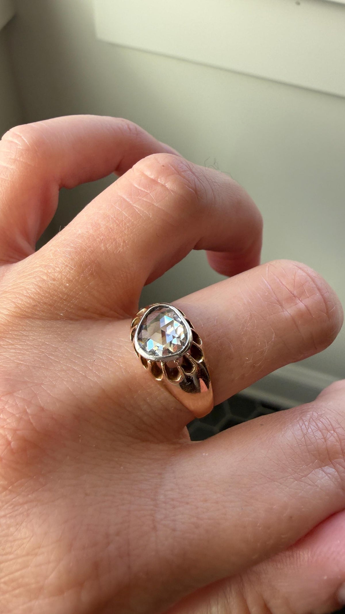 Antique Natural Rose Cut DIAMOND Open Back Ring 18k Gold 1+ Carat Face Up Eye Clean Spready Freeform Triangle Belcher Gypsy Buttercup Band