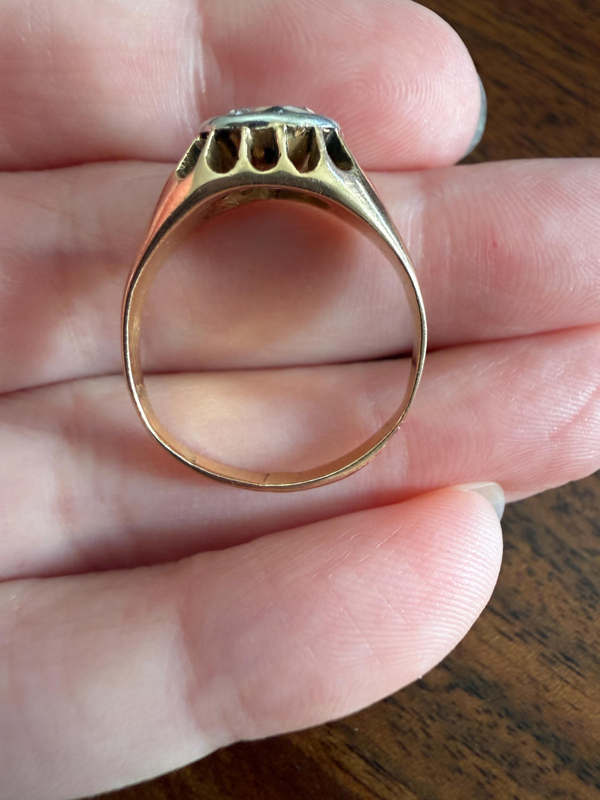 Antique Natural Rose Cut DIAMOND Open Back Ring 18k Gold 1+ Carat Face Up Eye Clean Spready Freeform Triangle Belcher Gypsy Buttercup Band