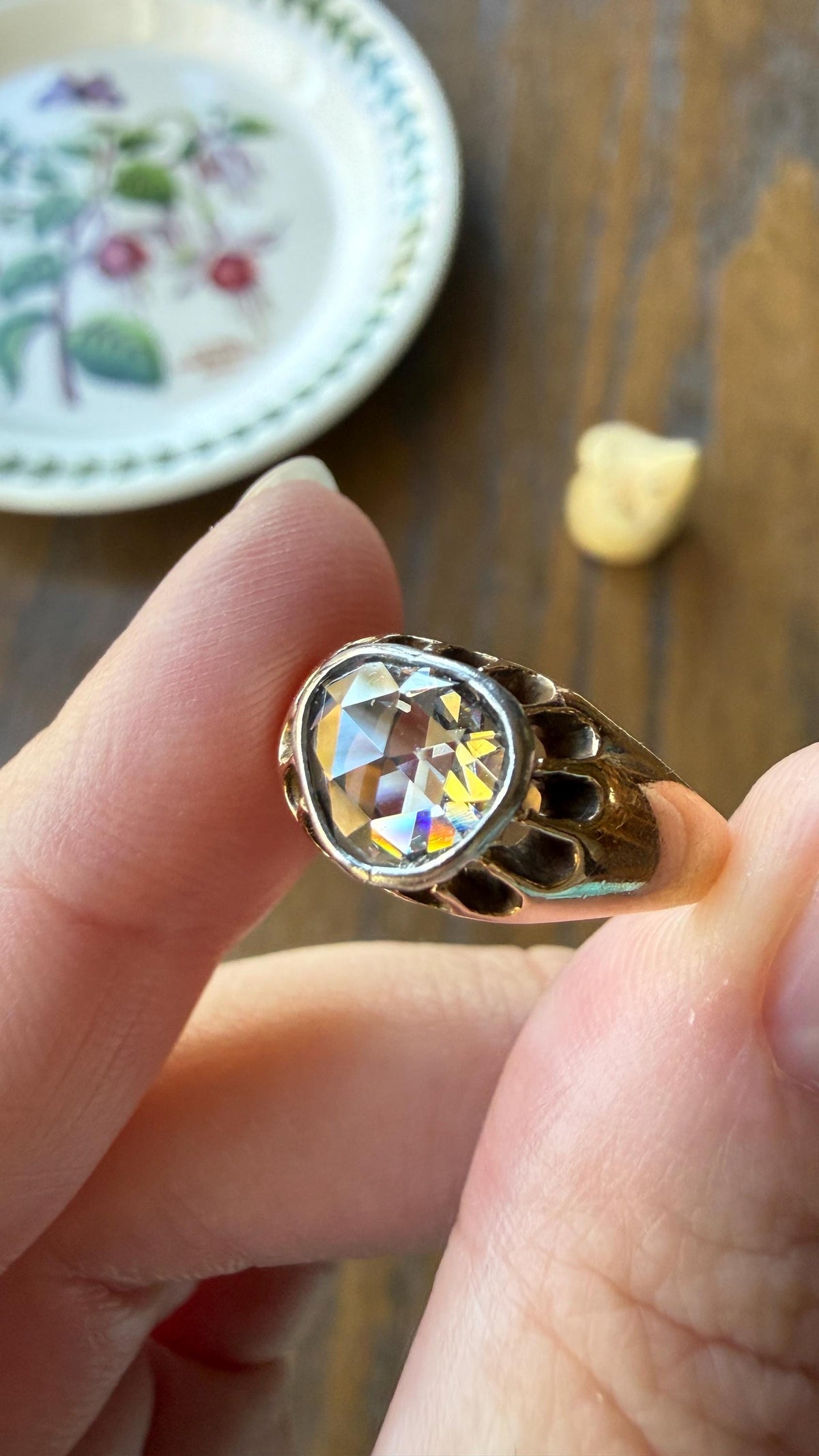 Antique Natural Rose Cut DIAMOND Open Back Ring 18k Gold 1+ Carat Face Up Eye Clean Spready Freeform Triangle Belcher Gypsy Buttercup Band