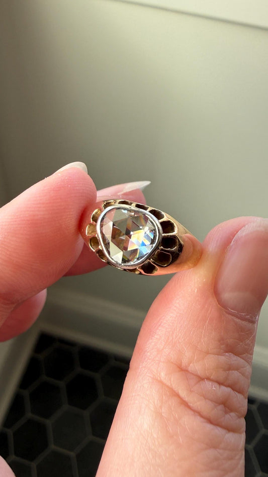 Antique Natural Rose Cut DIAMOND Open Back Ring 18k Gold 1+ Carat Face Up Eye Clean Spready Freeform Triangle Belcher Gypsy Buttercup Band