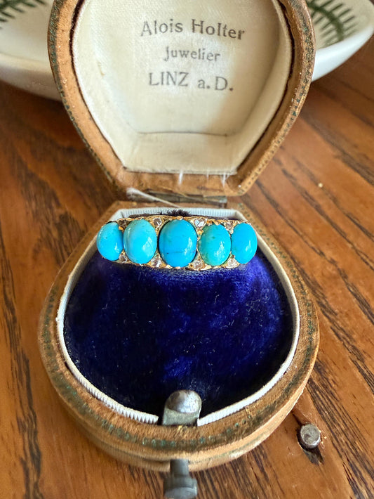 TURQUOISE Victorian Oval Five Stone Ring 18k Gold with Rose Cut Diamond Spacers Ornate Scrolled Band Stacker Something Old Blue