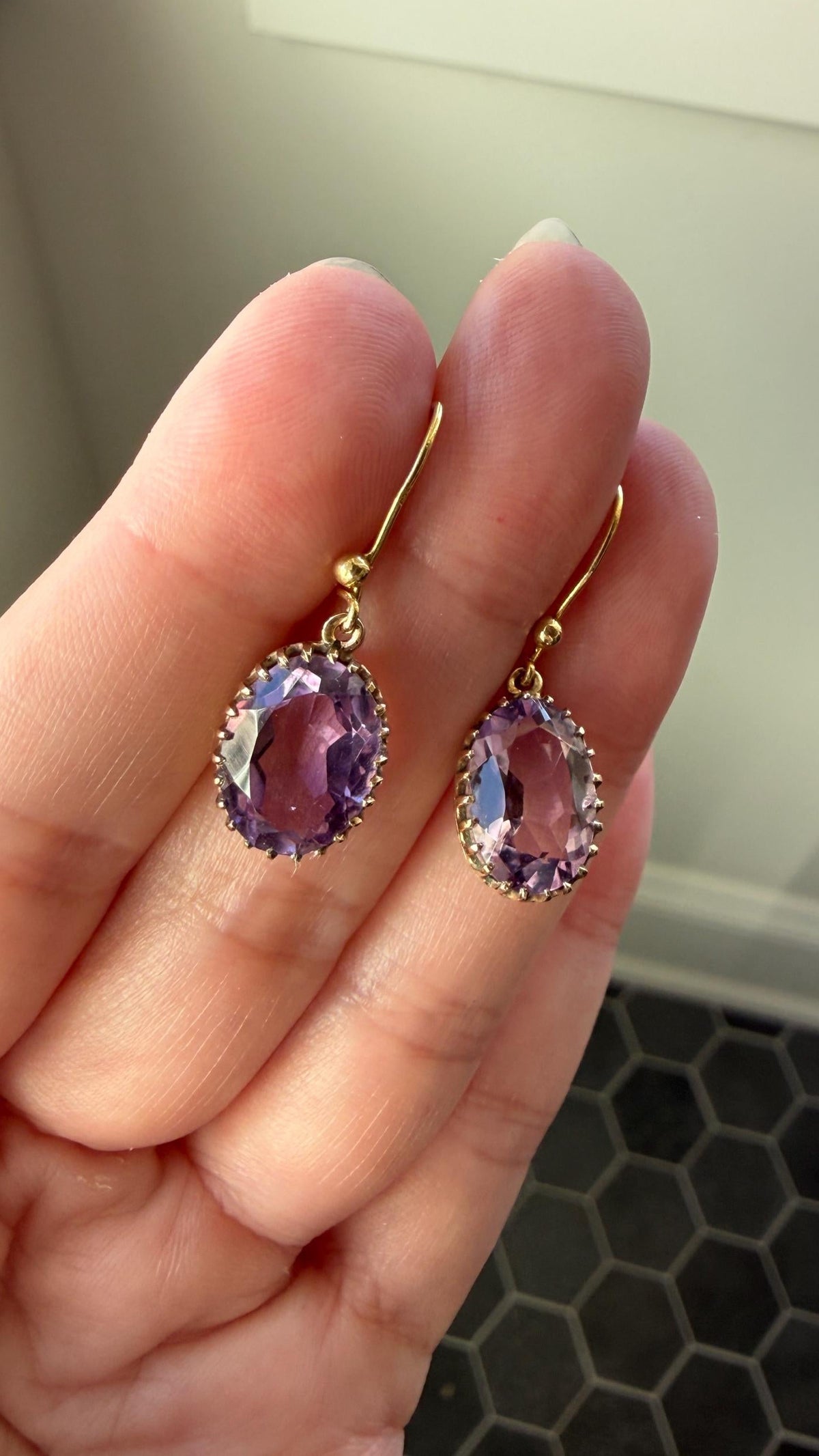Victorian Antique 9k GOLD Purple Amethyst Dangle EARRINGS Ornate Crown Prong Oval Violet Lilac Lavender Bridal Wedding Something Old
