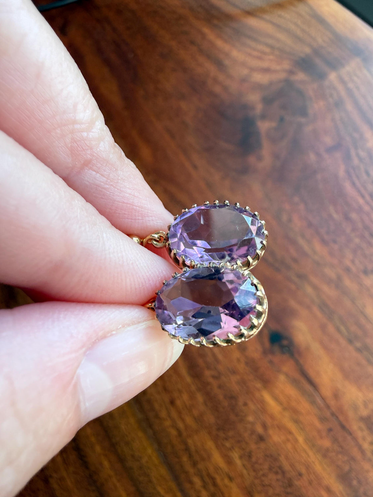 Victorian Antique 9k GOLD Purple Amethyst Dangle EARRINGS Ornate Crown Prong Oval Violet Lilac Lavender Bridal Wedding Something Old