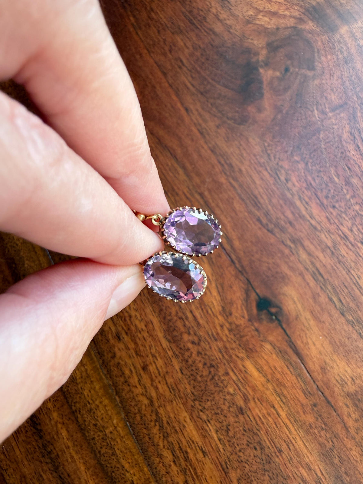 Victorian Antique 9k GOLD Purple Amethyst Dangle EARRINGS Ornate Crown Prong Oval Violet Lilac Lavender Bridal Wedding Something Old