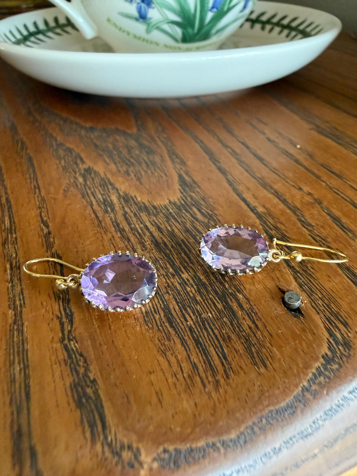 Victorian Antique 9k GOLD Purple Amethyst Dangle EARRINGS Ornate Crown Prong Oval Violet Lilac Lavender Bridal Wedding Something Old