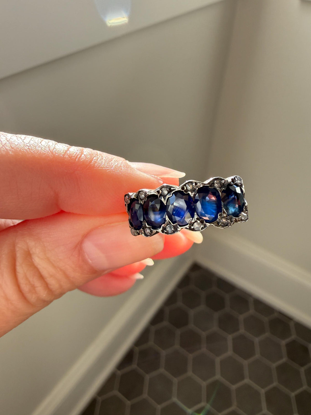 Antique Natural Sapphire Velvety Blue Five Stone Ring with Rose Cut Diamond Spacers Royal Blue Aura Art Deco Uniform Size Stacker Band