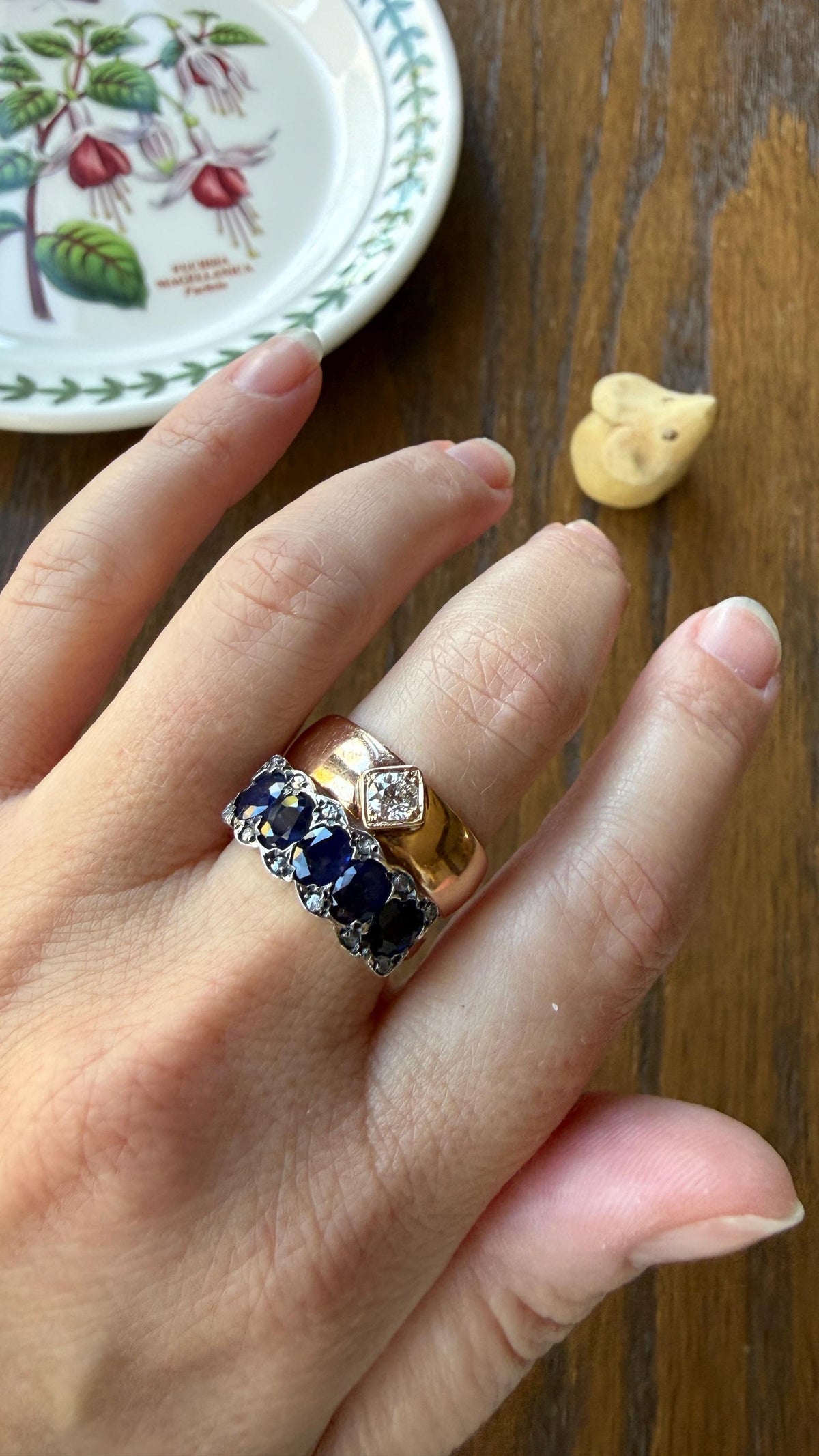 Antique Natural Sapphire Velvety Blue Five Stone Ring with Rose Cut Diamond Spacers Royal Blue Aura Art Deco Uniform Size Stacker Band