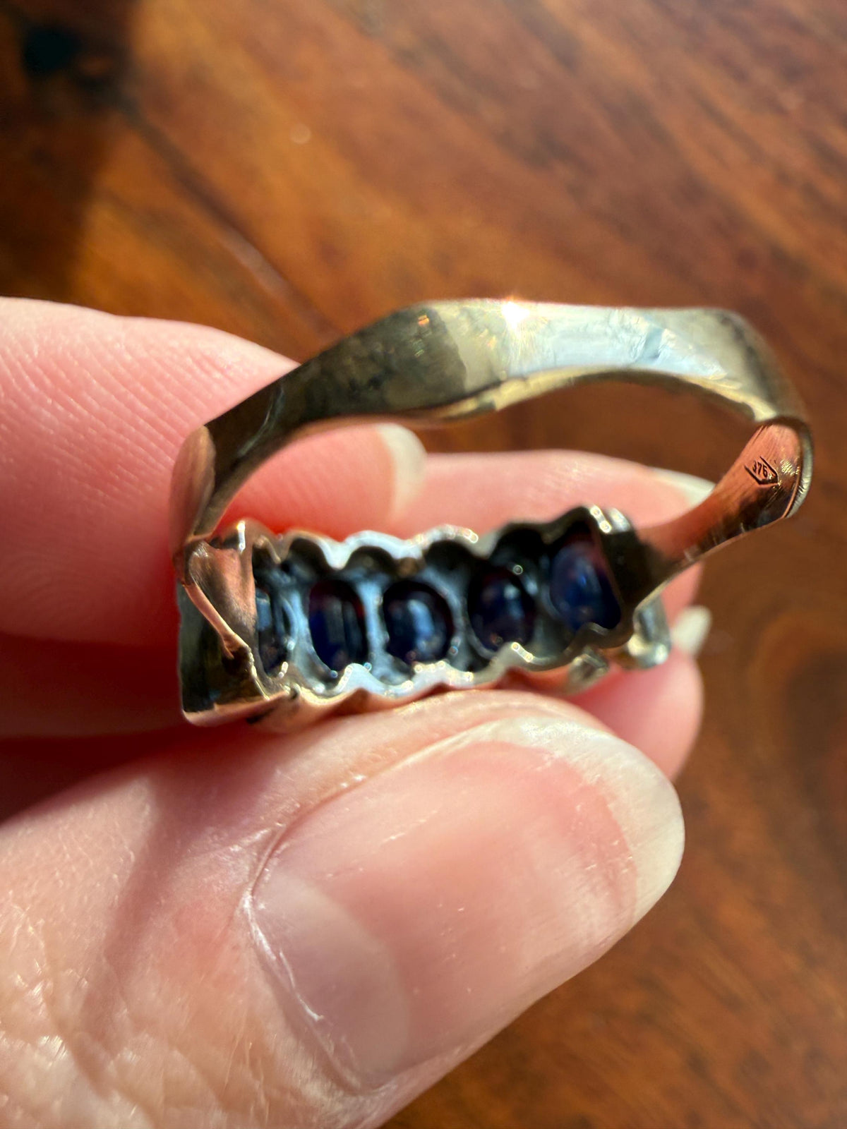 Antique Natural Sapphire Velvety Blue Five Stone Ring with Rose Cut Diamond Spacers Royal Blue Aura Art Deco Uniform Size Stacker Band