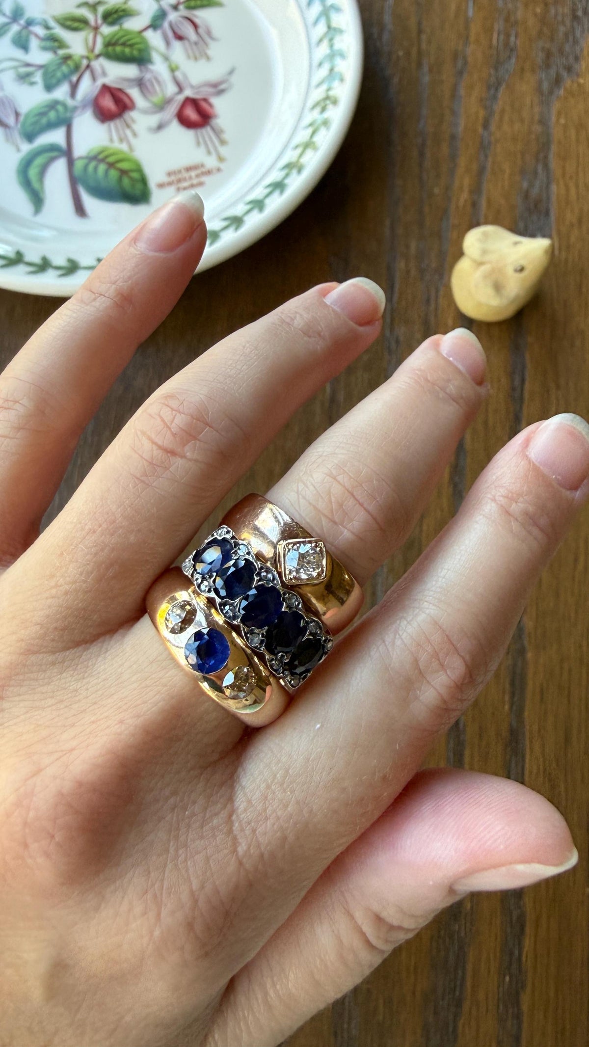 Antique Natural Sapphire Velvety Blue Five Stone Ring with Rose Cut Diamond Spacers Royal Blue Aura Art Deco Uniform Size Stacker Band