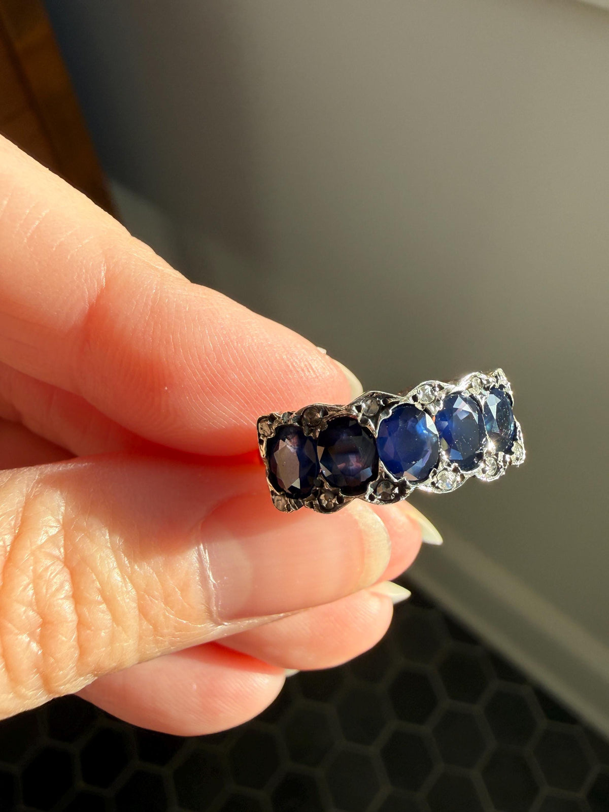 Antique Natural Sapphire Velvety Blue Five Stone Ring with Rose Cut Diamond Spacers Royal Blue Aura Art Deco Uniform Size Stacker Band
