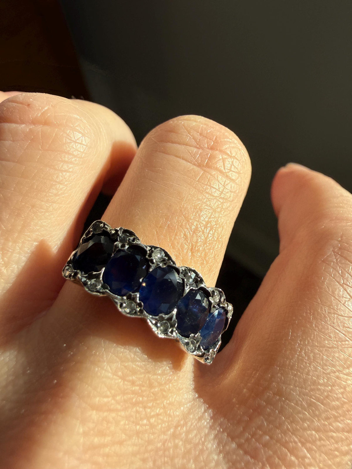 Antique Natural Sapphire Velvety Blue Five Stone Ring with Rose Cut Diamond Spacers Royal Blue Aura Art Deco Uniform Size Stacker Band