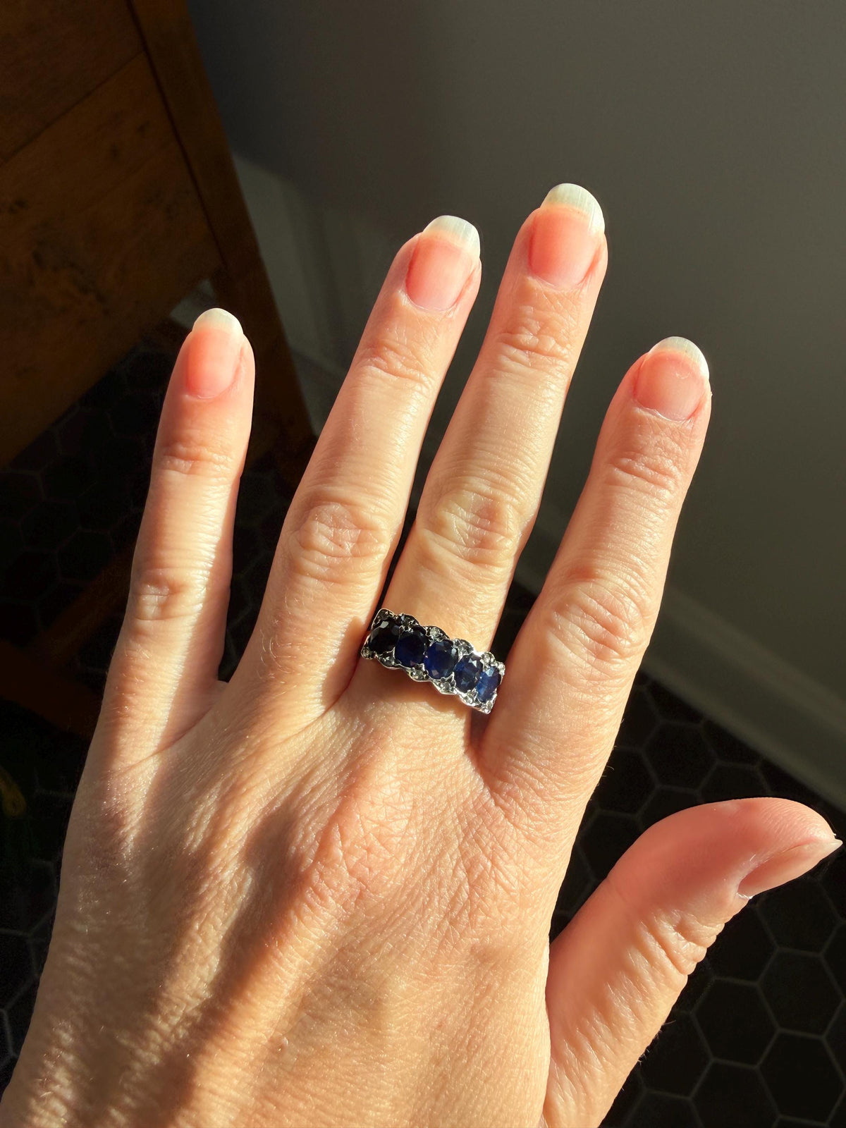 Antique Natural Sapphire Velvety Blue Five Stone Ring with Rose Cut Diamond Spacers Royal Blue Aura Art Deco Uniform Size Stacker Band