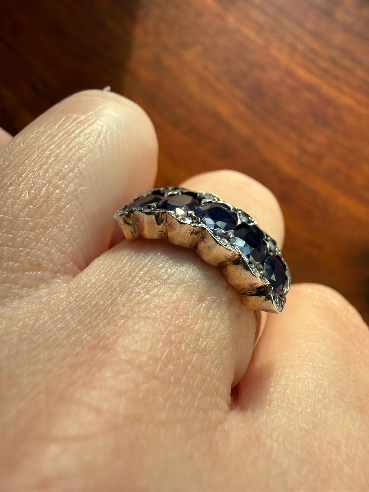 Antique Natural Sapphire Velvety Blue Five Stone Ring with Rose Cut Diamond Spacers Royal Blue Aura Art Deco Uniform Size Stacker Band