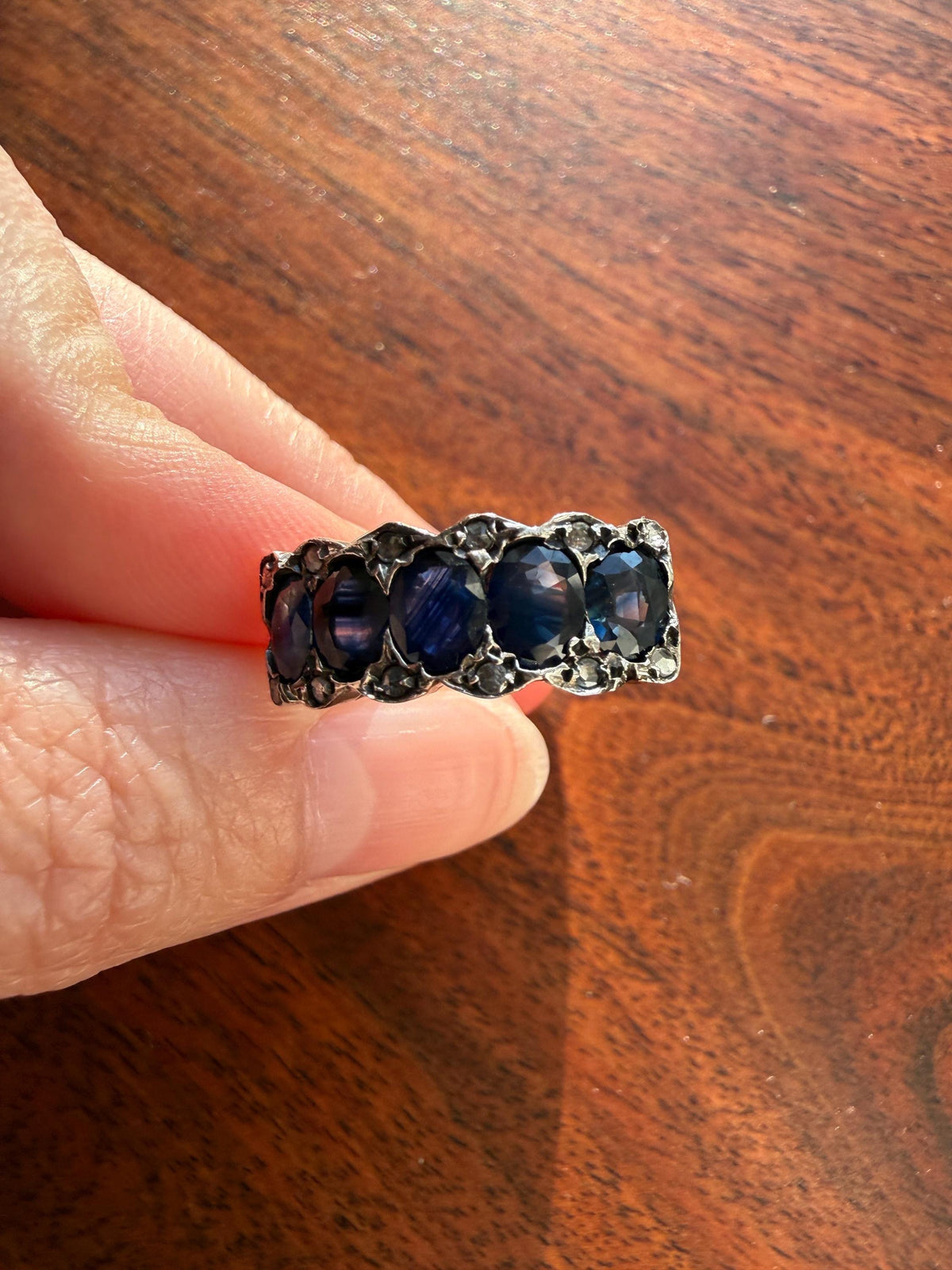 Antique Natural Sapphire Velvety Blue Five Stone Ring with Rose Cut Diamond Spacers Royal Blue Aura Art Deco Uniform Size Stacker Band