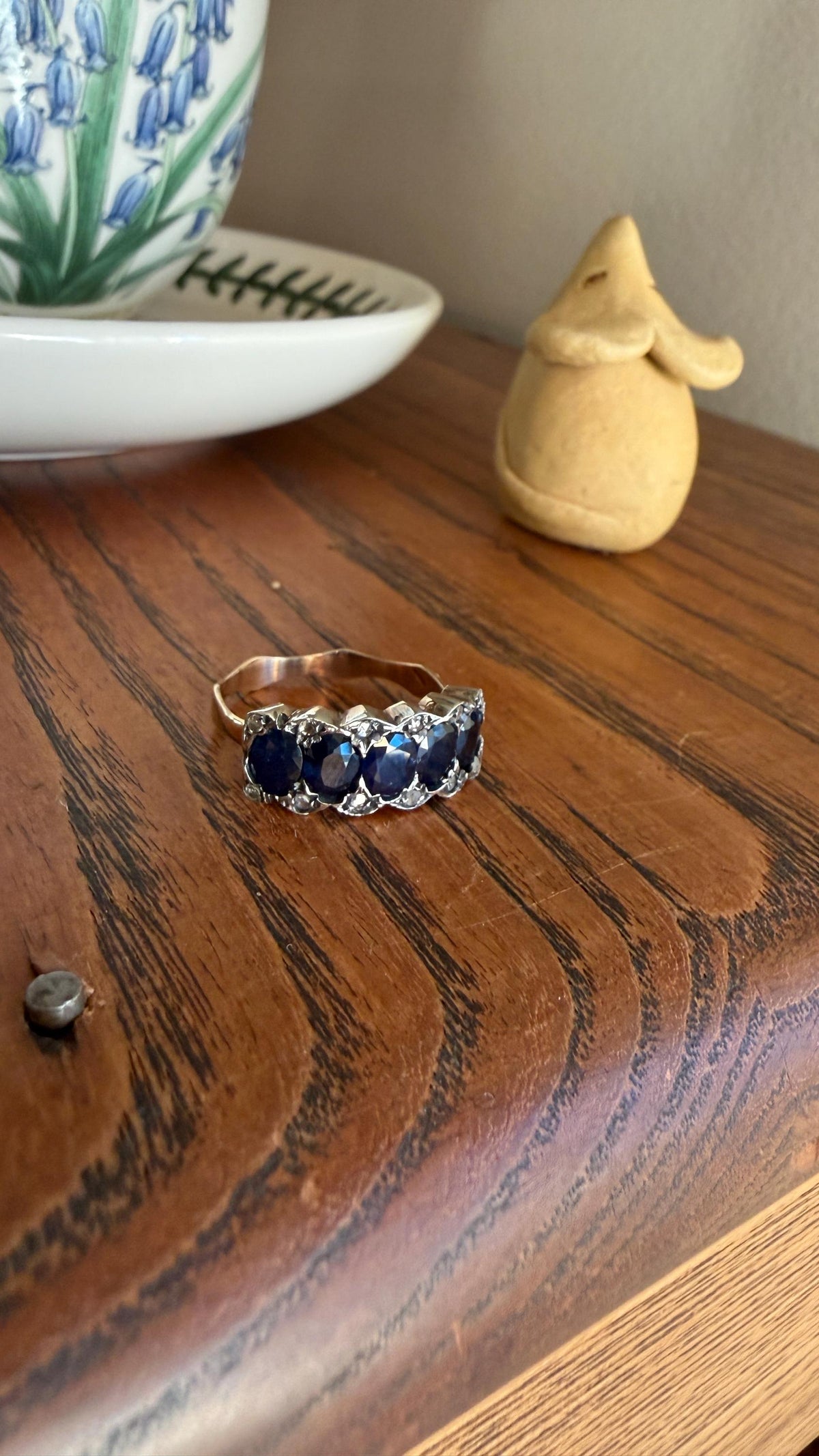 Antique Natural Sapphire Velvety Blue Five Stone Ring with Rose Cut Diamond Spacers Royal Blue Aura Art Deco Uniform Size Stacker Band