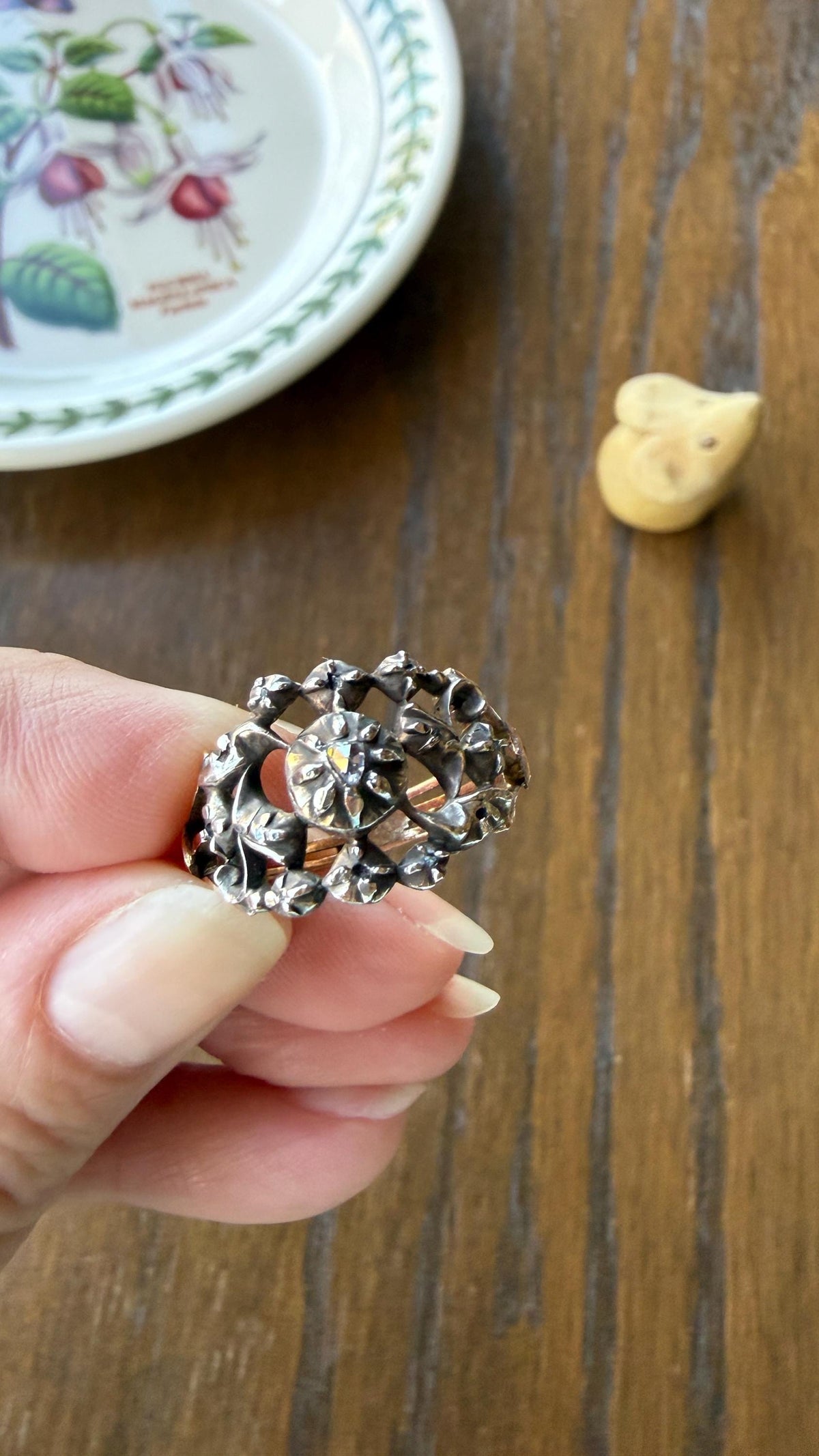 Ornate Victorian Antique Lacy Floral Vine 14k Gold Silver Rose Cut Diamond Ring Scrolled Wide Band Stacker