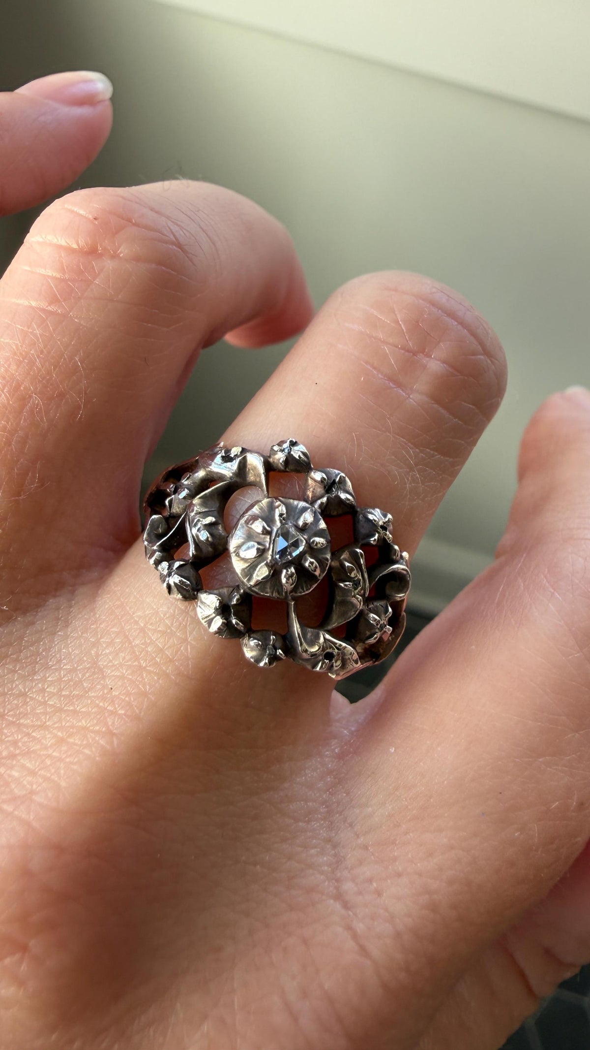 Ornate Victorian Antique Lacy Floral Vine 14k Gold Silver Rose Cut Diamond Ring Scrolled Wide Band Stacker
